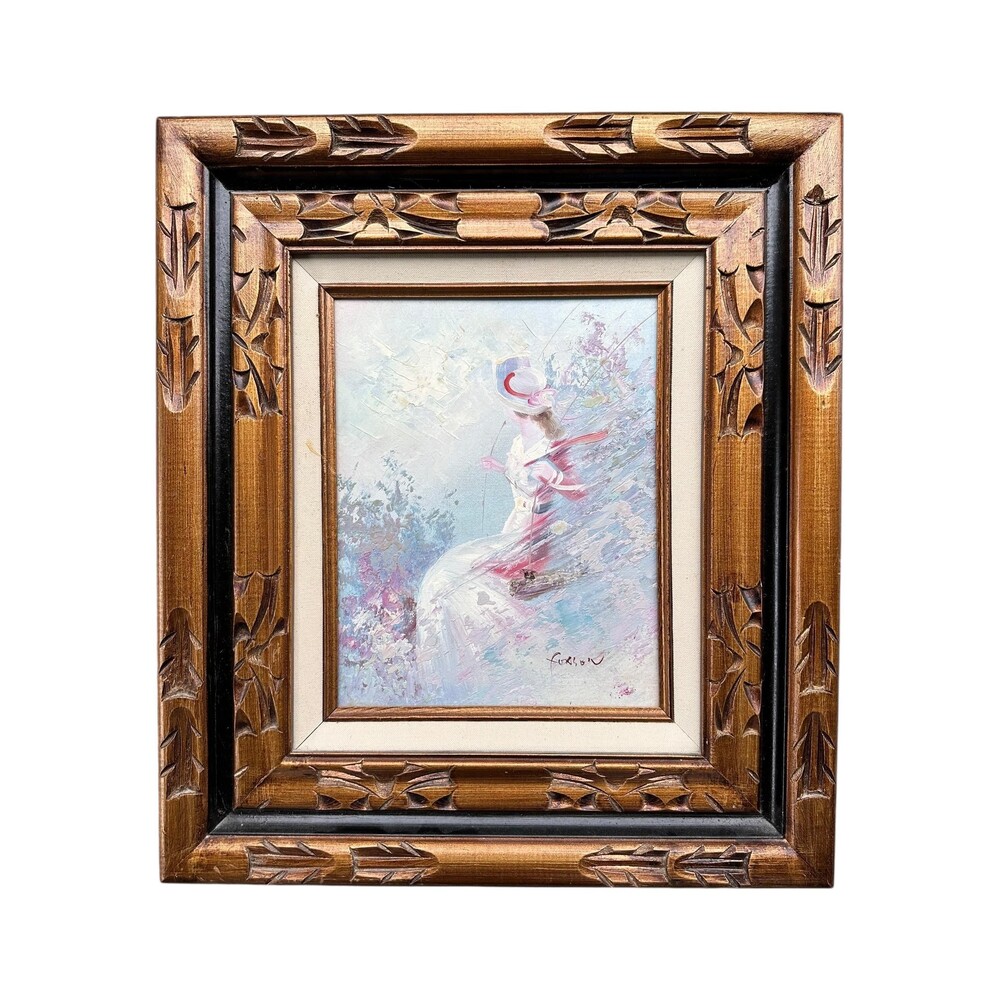 Vintage Impressionist Lady Portrait Painting Wood Frame Cottagecore Wall Art